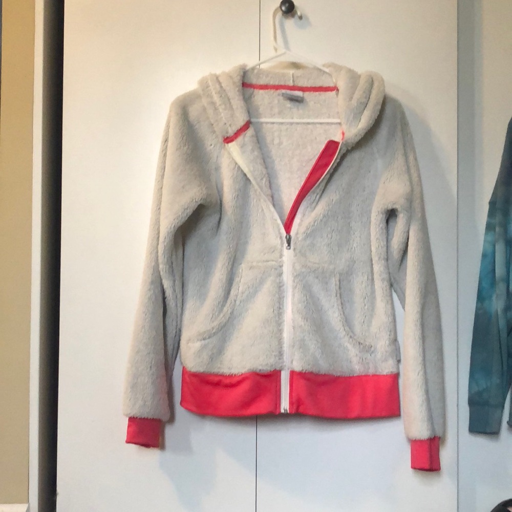White and pink Columbia zip up sweater.